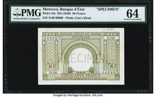 Morocco Banque d'Etat du Maroc 50 Francs ND (1949) Pick 44s Specimen PMG About Uncirculated 53. A well margined and bright Specimen with roulette canc...