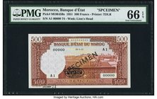 Morocco Banque d'Etat du Maroc 500 Francs 29.5.51 Pick 45Bs Specimen PMG Gem Uncirculated 66 EPQ. An attractive brown and multicolor Specimen, this no...