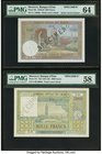 Morocco Banque d'Etat du Maroc 500; 1000 Francs 18.7.1949; ND (1951-58) Pick 46s; 47s Two Specimens PMG Choice Uncirculated 64; Choice About Unc 58. A...