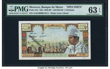 Morocco Banque du Maroc 5 Dirhams ND (1965-69) Pick 53s Specimen PMG Choice Uncirculated 63 EPQ. A bright Specimen printed in France. King Mohammed VI...