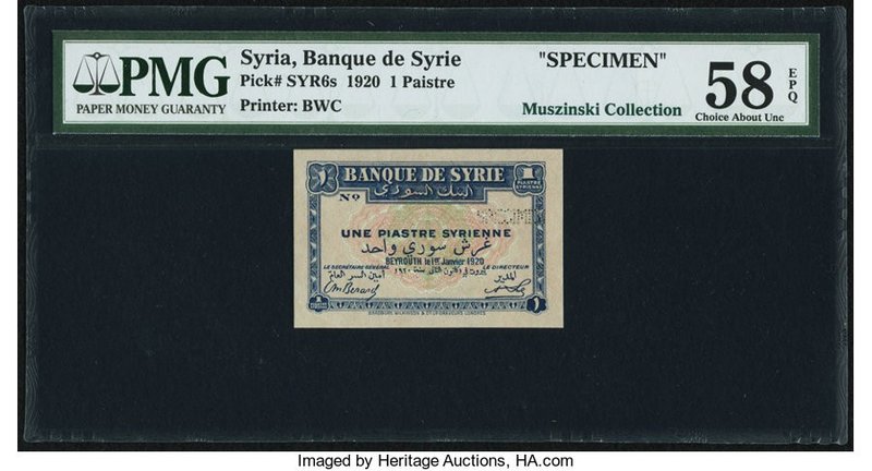 Syria Banque de Syrie 1 Piastre 1.1.1920 Pick 6s Specimen PMG Choice About Unc 5...