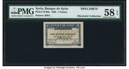 Syria Banque de Syrie 1 Piastre 1.1.1920 Pick 6s Specimen PMG Choice About Unc 58 EPQ. Issued for only a short period of time after the establishment ...