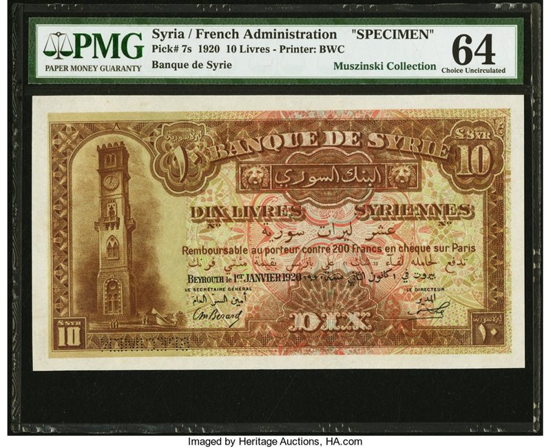 Syria Banque de Syrie 10 Livres 1.1.1920 Pick 7s Specimen PMG Choice Uncirculate...