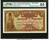 Syria Banque de Syrie 10 Livres 1.1.1920 Pick 7s Specimen PMG Choice Uncirculated 64. A scarce Specimen, and the first we have offered. All design ele...