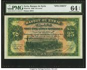 Syria Banque de Syrie 25 Livres 1.1.1920 Pick 8s Specimen PMG Choice Uncirculated 64 EPQ. A simply beautiful example of this stunning design, which is...