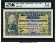 Syria Banque de Syrie 50 Livres 1.1.1920 Pick 9s Specimen PMG Choice Uncirculated 64. A simply beautiful Specimen, and desirable in Uncirculated grade...