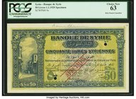 Syria Banque de Syrie 50 Livres 1.1.1920 Pick 9s Specimen PCGS Choice New 63. An extremely desirable, high denomination Specimen from 1920. Unconfirme...