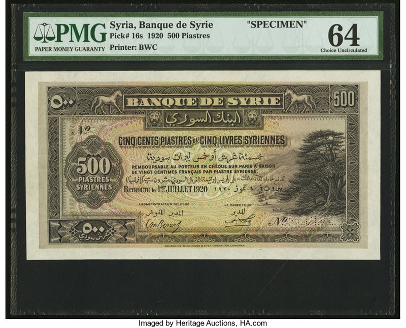 Syria Banque de Syrie 500 Piastres 1.7.1920 Pick 16s Uniface Front Specimen PMG ...