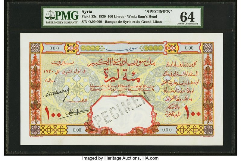 Syria Banque de Syrie et du Grand-Liban 100 Livres 1930 Pick 33s Specimen PMG Ch...