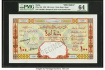 Syria Banque de Syrie et du Grand-Liban 100 Livres 1930 Pick 33s Specimen PMG Choice Uncirculated 64. This exquisite design is on full display with th...