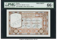Syria Banque de Syrie et du Liban 1 Livre 1947 Pick 57s Specimen PMG Gem Uncirculated 66 EPQ. Outstanding original quality is easily noticed on this S...
