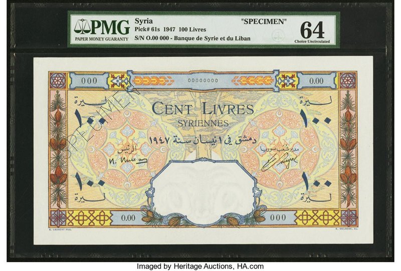 Syria Banque de Syrie et du Liban 100 Livres 1947 Pick 61s Specimen PMG Choice U...