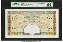 Syria Banque de Syrie et du Liban 100 Livres 1947 Pick 61s Specimen PMG Choice Uncirculated 64. A beautiful, colorful example of this highest denomina...