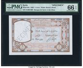 Syria Banque de Syrie et du Liban 1 Livre 1949 Pick 63s Specimen PMG Gem Uncirculated 66 EPQ. A huge note done in the the classic French style with a ...