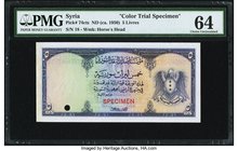 Syria Institut d'Emission de Syrie 5 Livres ND (ca.1950) Pick 74cts Color Trial Specimen PMG Choice Uncirculated 64. A handsome Color Trial Specimen p...