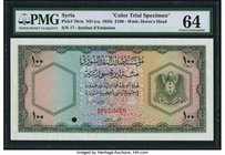 Syria Institut d'Emission de Syrie 100 Pounds ND (1950) Pick 78cts Color Trial Specimen PMG Choice Uncirculated 64. A beautifully executed Specimen by...
