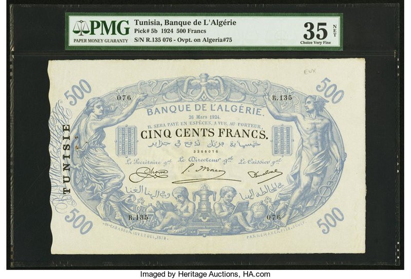 Tunisia Banque de l'Algerie 500 Francs 26.3.1924 Pick 5b PMG Choice Very Fine 35...