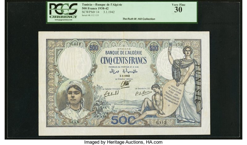 Tunisia Banque de l'Algerie 500 Francs 3.1.1942 Pick 14 PCGS Very Fine 30. A bea...