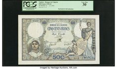 Tunisia Banque de l'Algerie 500 Francs 3.1.1942 Pick 14 PCGS Very Fine 30. A beautiful, higher denomination that is scarce with "Tunisie" overprint on...