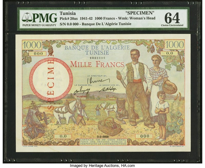 Tunisia Banque de l'Algerie 1000 Francs ND (1941-42) Pick 20as Specimen PMG Choi...