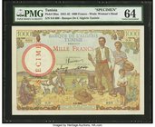 Tunisia Banque de l'Algerie 1000 Francs ND (1941-42) Pick 20as Specimen PMG Choice Uncirculated 64. A handsome and scarce World War II era Specimen, a...