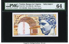 Tunisia Banque de l'Algerie 100 Francs ND (1946-48) Pick 24s Specimen PMG Choice Uncirculated 64. A simply stunning note, beautifully designed and col...