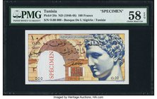 Tunisia Banque de l'Algerie / Tunisie 100 Francs ND (1946-48) Pick 24s Specimen PMG Choice About Unc 58 EPQ. In uniquely French style, this post World...