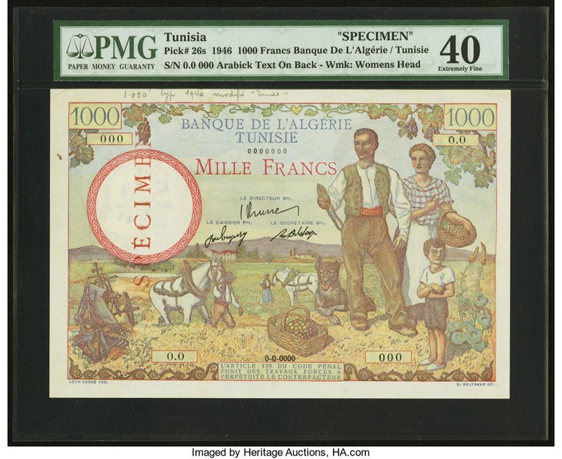 Tunisia Banque de l'Algerie / Tunisie 1000 Francs (ND c.1946) Pick 26s Specimen ...