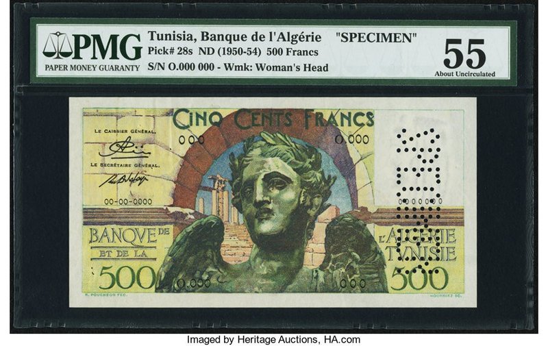 Tunisia Banque de l'Algerie 500 Francs ND (1950-54) Pick 28s Specimen PMG About ...