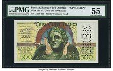 Tunisia Banque de l'Algerie 500 Francs ND (1950-54) Pick 28s Specimen PMG About Uncirculated 55. A spectacular iconic Specimen for this North African ...
