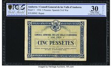 Andorra Consell General de les Valls D'Andorra 5 Pessetes 19.12.1936 Pick 3 PCGS Gold Shield Very Fine 30 Details. This will be the first time that we...