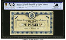 Andorra Consell General de les Valls D'Andorra 10 Pessetes 19.12.1936 Pick 4 PCGS Gold Shield Very Fine 30 Details. Largely due to the start of the Sp...