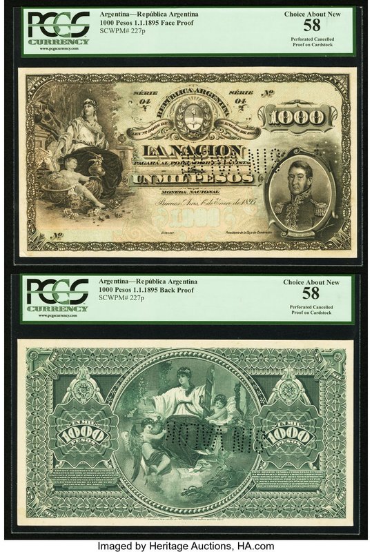 Argentina Republica Argentina 1000 Pesos 1.1.1895 Pick 227p Face and Back Proofs...