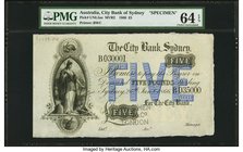 Australia City Bank of Sydney 5 Pounds 26.1.1866 Pick UNL5as Renniks MVR2 Specimen PMG Choice Uncirculated 64 EPQ. This Specimen features a large brig...