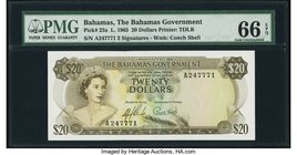 Bahamas Bahamas Government 20 Dollars 1965 Pick 23a PMG Gem Uncirculated 66 EPQ. A scarce mid-denomination bearing the Sands-Higgs signature combinati...