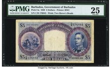 Barbados Government of Barbados 5 Dollars 1.12.1939 Pick 4a PMG Very Fine 25. An elegantly designed example featuring seahorses pulling Neptune on a s...
