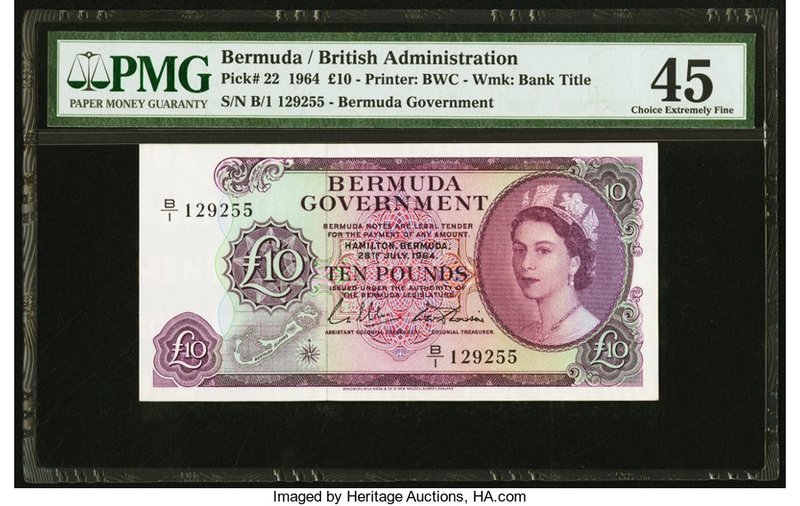 Bermuda Bermuda Government 10 Pounds 28.7.1964 Pick 22 PMG Choice Extremely Fine...