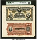 Brazil Thesouro Nacional 500 Mil Reis ND 1883 Pick A249p Back and Front Proofs PMG Choice Uncirculated 63. A pair of front and back Proofs of one of t...