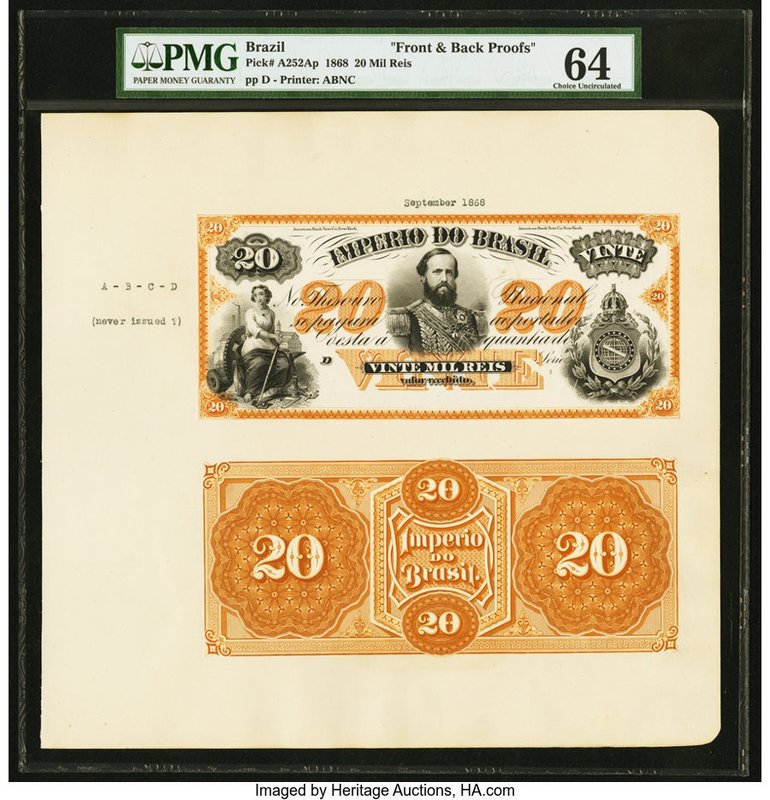 Brazil Thesouro Nacional 20 Mil Reis 1868 Pick A252Ap Front and Back Proofs PMG ...
