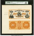 Brazil Thesouro Nacional 20 Mil Reis 1868 Pick A252Ap Front and Back Proofs PMG Choice Uncirculated 64. A splendid presentation piece for the proposed...