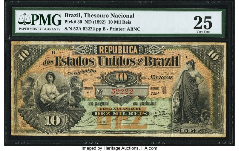 Brazil Thesouro Nacional 10 Mil Reis ND (1892) Pick 30 PMG Very Fine 25. An unde...
