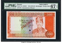 Brunei Government of Brunei 500 Ringgit ND (1979-87) Pick 11s KNB11S Specimen PMG Superb Gem Unc 67 EPQ. This large format, bright orange and multicol...