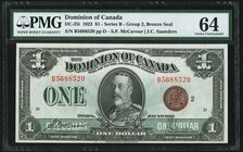 Canada Dominion of Canada $1 2.7.1923 DC-25i PMG Choice Uncirculated 64. A simply beautiful example of this popular, grandly sized type, prominently f...
