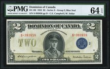 Canada Dominion of Canada $2 23.6.1923 DC-26i PMG Choice Uncirculated 64 EPQ. A simply beautiful and pack fresh example of this large format governmen...