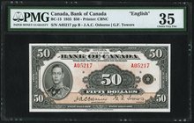 Canada Bank of Canada $50 1935 BC-13 "English" PMG Choice Very Fine 35. An unusually choice and pleasing higher denomination from the short-lived 1935...