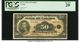 Canada Bank of Canada $50 1935 BC-13 PCGS Very Fine 20. An incredibly rare denomination from this short-lived 1935 series, of which only 131,000 were ...