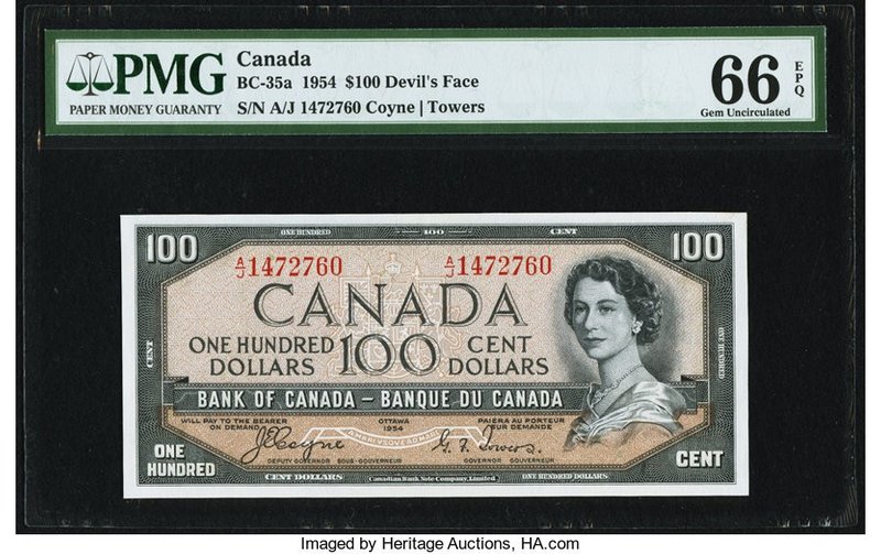Canada Bank of Canada $100 1954 BC-35a "Devil's Face" PMG Gem Uncirculated 66 EP...