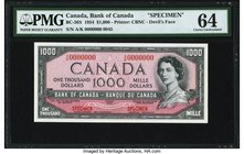 Canada Bank of Canada $1000 1954 BC-36S Specimen "Devil's Face" PMG Choice Uncirculated 64. A superb and rare Canadian Specimen that is seldom seen in...