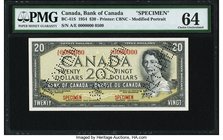 Canada Bank of Canada $20 1954 BC-41S Specimen PMG Choice Uncirculated 64. A pleasing and scarce Specimen, both perforated and overprinted "CANCELLED"...