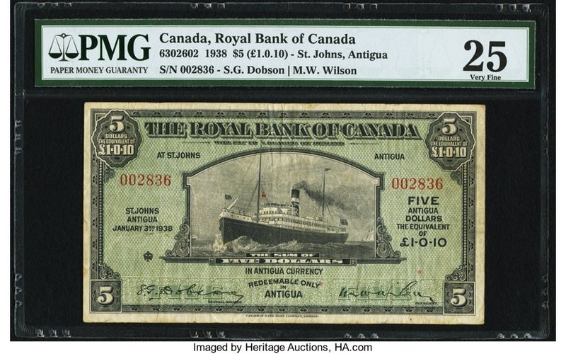 Canada St. John's, Antigua- Royal Bank of Canada $5 3.1.1938 Ch. # 630-26-02 PMG...